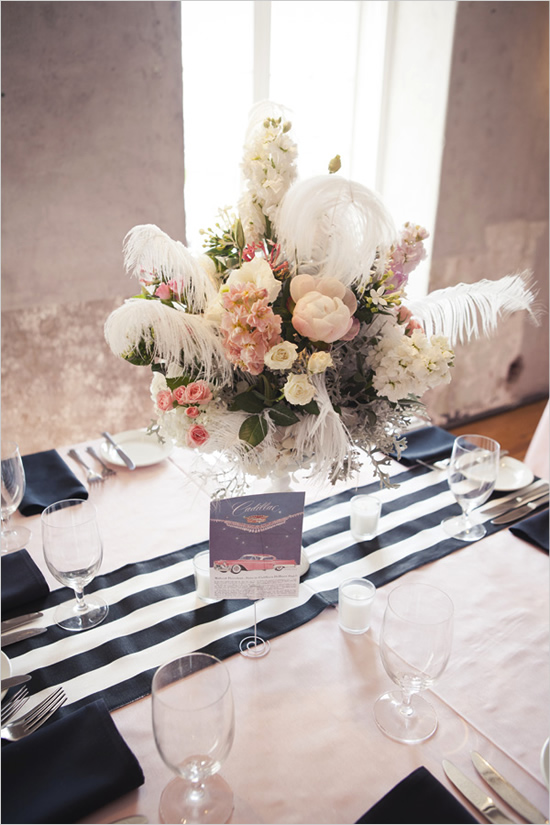 black and white stripe with pink and ostrich feathers black and white stripe table runners pink linens wedding