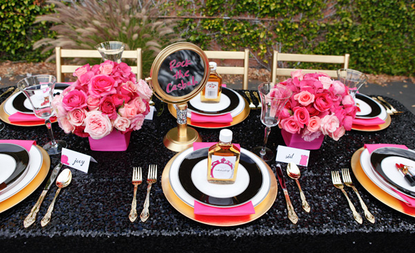 black sequin tablecloth hot pink flowers gold wedding