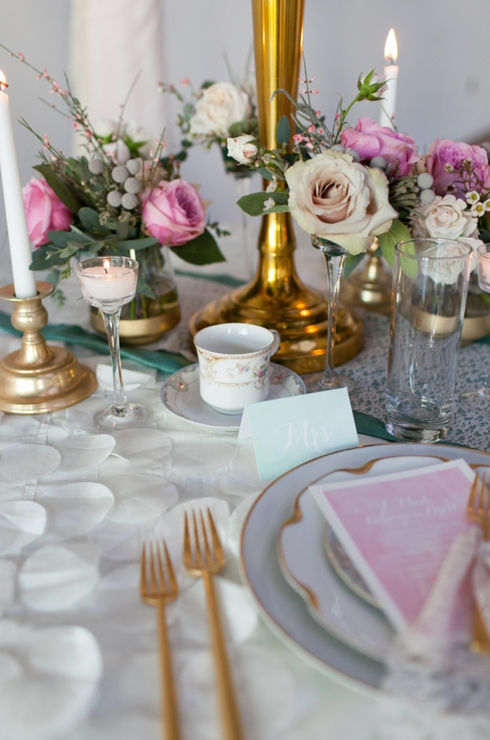 petal taffeta tablecloth modern gold flatware rental