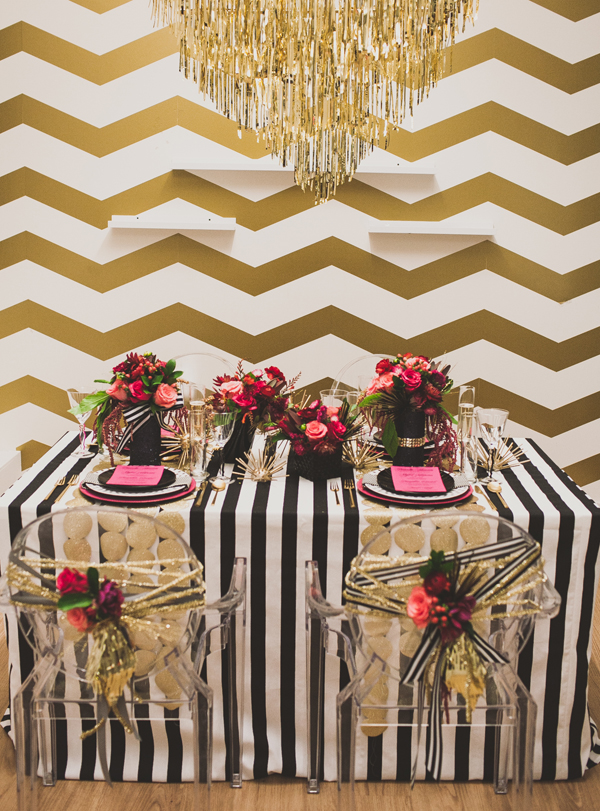 black and white stripe tablecloths gold glitter shimmer rental