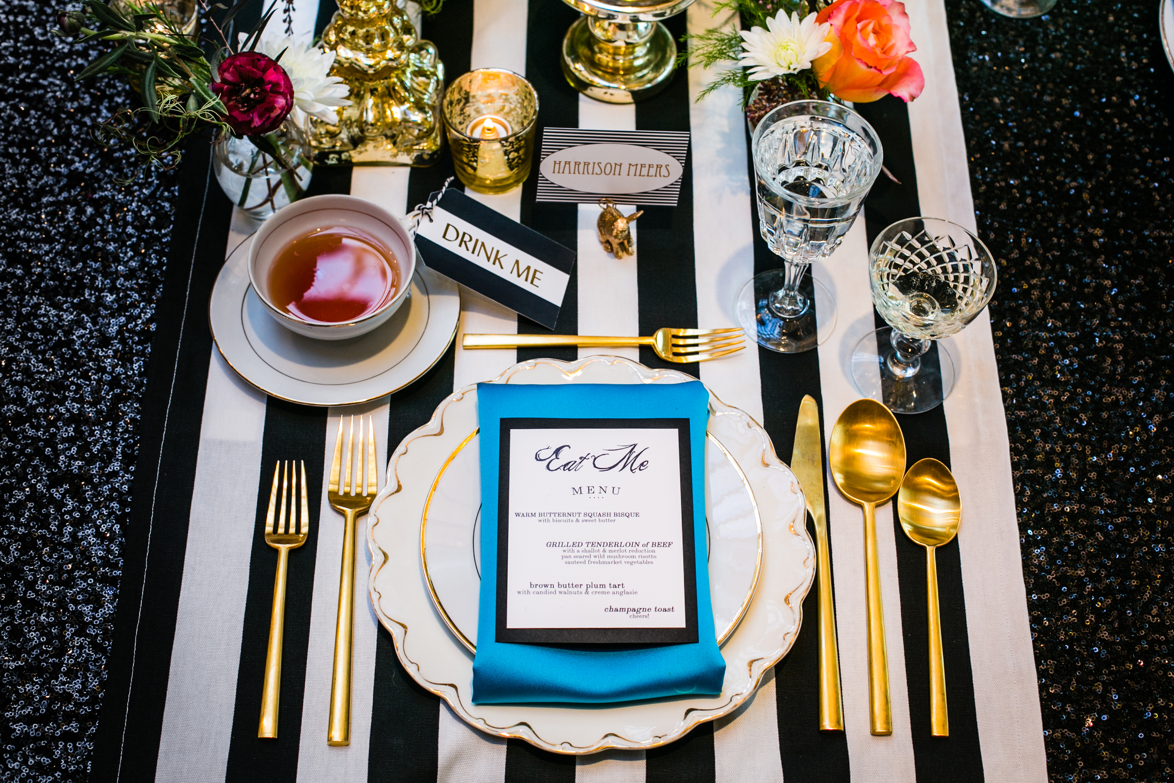 black and white stripe runner gold flatware mercury glass cut glass goblets rent