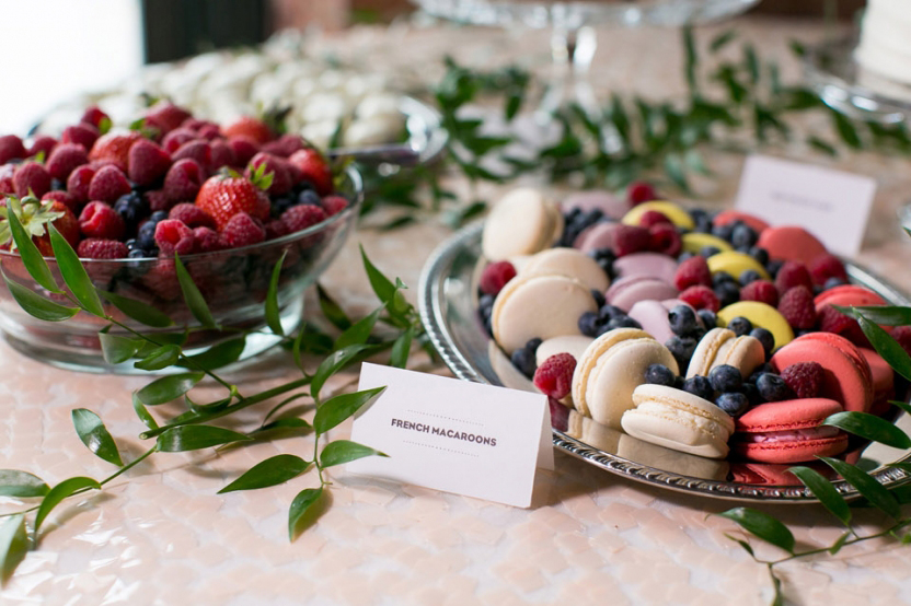 dessert table berries macaroons peach sequin tablecloth
