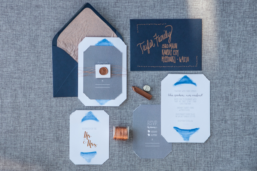 copper and navy invitation suite with watercolor