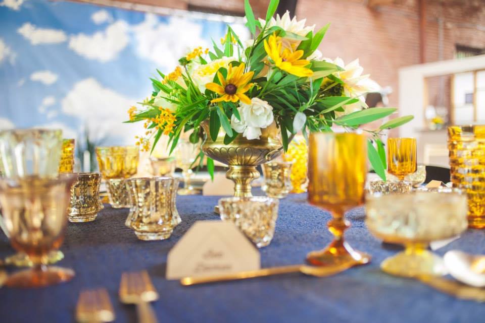 navy sequin amber goblet sunflowers wedding inspiration