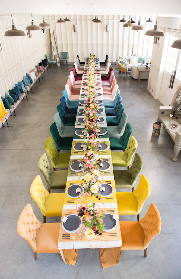 rainbow velvet chairs and runners red orange yellow green blue purple