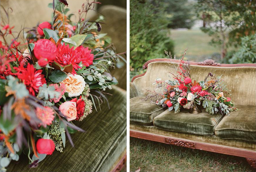 olive green couch red flowers bouquet wedding