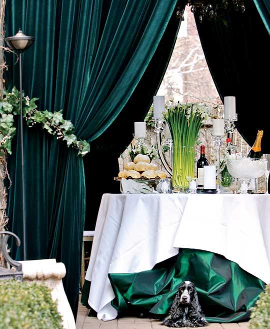 forest green emerald curtains wedding inspiration