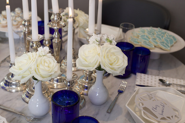 blue white silver table