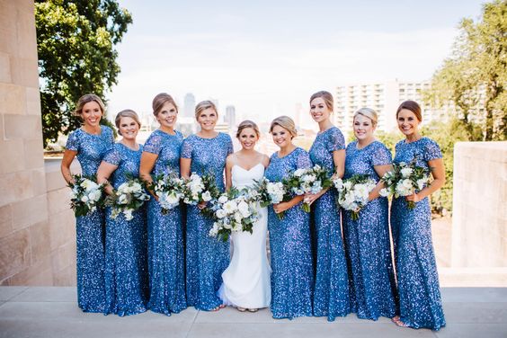 blue glitter sequin bridesmaid dress