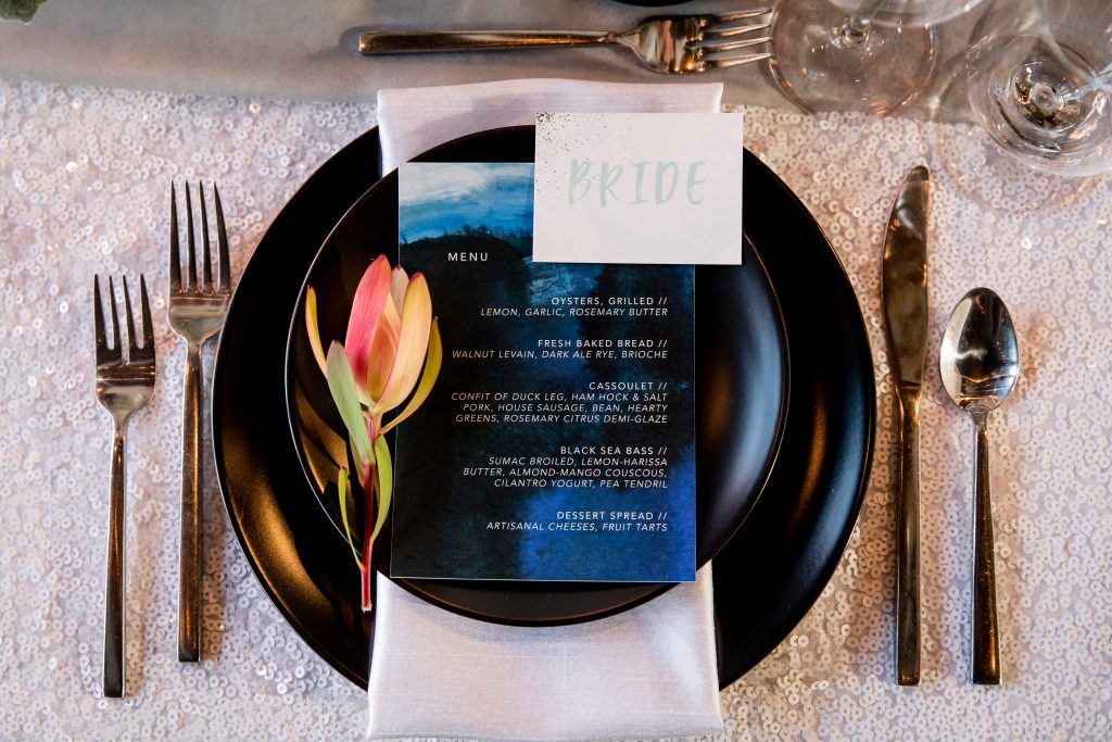 bold menu water color menu bright place setting modern wedding