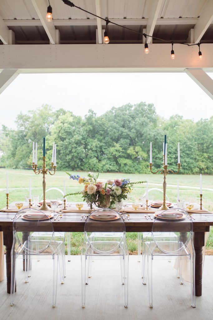 farm table, gold candelabra, vintage inspiration event rentals